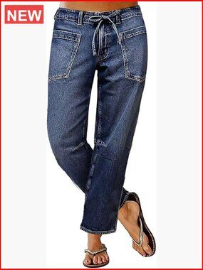 Mid Waist Straight Leg Jeans Drawstring Cropped Stretchy Denim